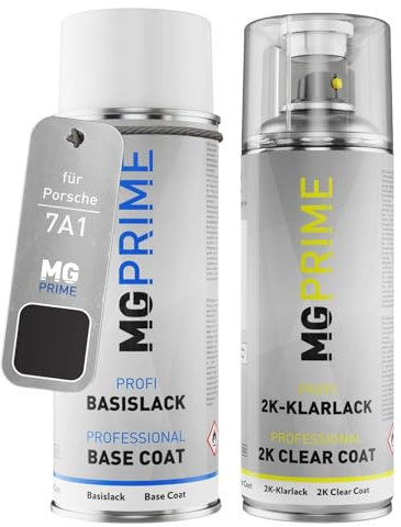 MG PRIME Autolack Spraydose für Porsche 7A1 Grauschwarz/Grey Black +2K | Set aus Basislack + 2K Klarlack, Sprühdosen 400ml