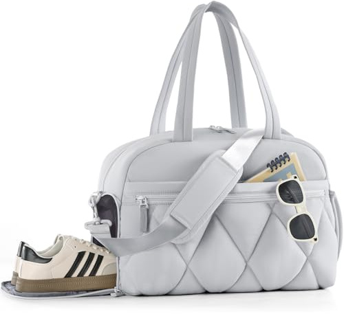 Lekespring Resväska dam, lätt puffer sportväska med skofack weekender handbagage gym väska klinikväska födelse sjukhusväska, resväska för flygplan resor, fitness, bastu, GRÅ, M：42*20*29
