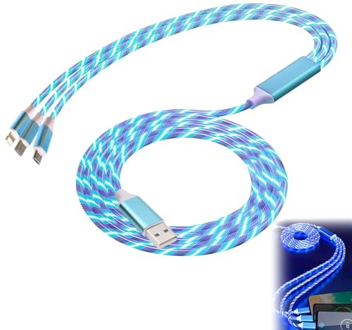 3 in 1 LED Light Up Charging Cable,1.2m Multi USB Charger Cord Flowing LED Fast Charging Cable with Type C Micro USB Connectors Compatible with iPhone Samsung Huawei Android Devices Blue