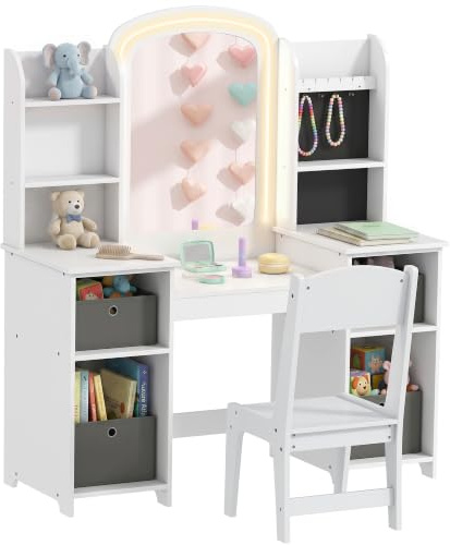 AIYAPLAY Coiffeuse pour Enfants avec Tabouret et Miroir LED, Coiffeuse Fille en Bois avec tiroirs en Tissu, étagères Ouvertes et Crochets à Bijoux, Table de Maquillage pour 3 à 8 Ans, Blanc