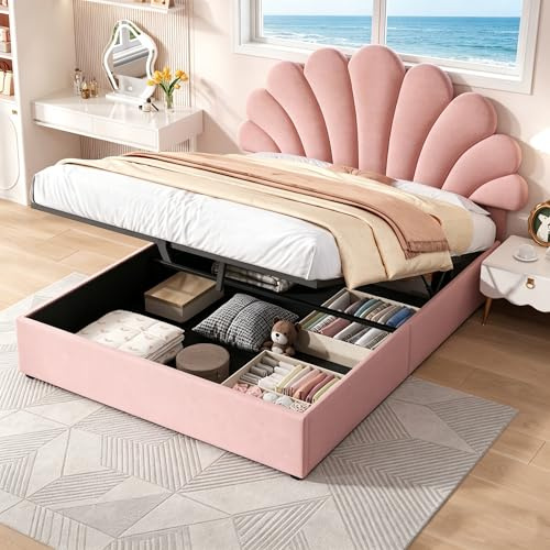 Jovify 4ft6 Double Bed Frame with Hydraulic Lift & Adjustable Petal Headboard, Velvet Fabric Upholstered Gas Lift Ottoman Bed with Storage & Wooden Slats, Pink, No Mattress, No Box Spring Needed