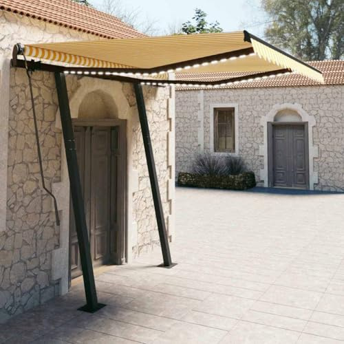 Auvents pour Portes D'entrée Auvent De Porte Exterieur, Auvent Manuel rétractable avec LED 3,5x2,5 m Jaune et Blanc Store Pergola pour Cour, Balcon, Jardin