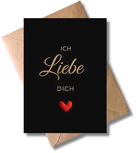 WBdesignz Ich Liebe Dich Grußkarte mit Umschlag - Einfache, elegante Liebeskarte in Schwarz-Gold mit rotem Herz - romantische Geschenkkarte zum Valentinstag, Geburtstag oder für Paare (DIN A6)