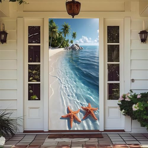 Hiseng Decorazione 3D per Porta, Copertura con Stampe da Spiaggia Copriporta Addobbi Porta d’Ingresso, Door Cover Sfondo Banner Casa (Acqua di Mare,90x210cm)