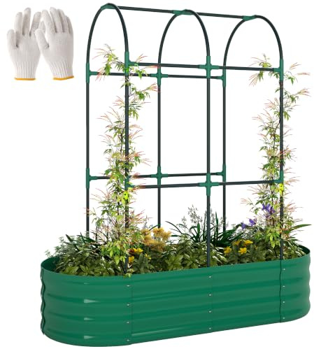 Outsunny Galvanised Raised Garden Bed w/Arched Trellis 4x2x4.6ft, Green | Metal Raised Bed for Garden, Open Bottom Design, Modular Outdoor Planter Box, Gloves, for Vegetables Flowers