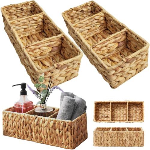 Lot de 2 paniers de rangement en jacinthe d'eau à 3 compartiments 14 x 6 x 4 cm, paniers rangement en jacinthe tissée, panier polyvalent rustique naturel pour papier toilette, serviette, parfum