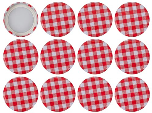Jam jars with lids - 12 replacement screw-on lids, 63mm size, tinplate material, food grade, red checkered pattern, with lid and jam jar wax paper.