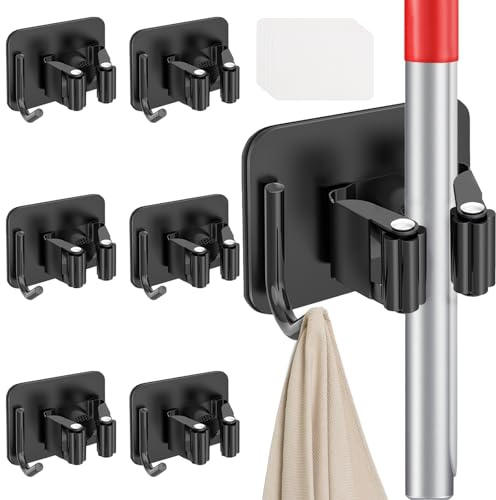JUNJIEFU 6 Stück Besenhalterung Wand Selbstklebend | Besenhalter Wandhalterung Besen, Edelstahl Besenhalter für Wischmopp, Schaufel, Besen