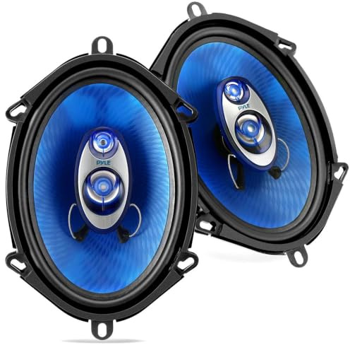 Pyle Par de Altavoces para Auto de 5” x 7”, Coche, Cono de inyeccion de Polietileno Azul, Pico de 3 vias de 300V, Frecuencia de 80-20Khz, 4ohm, Bobina movil 1