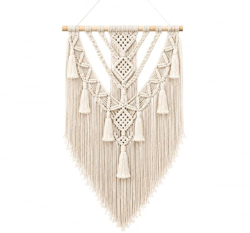 Hoadyush Makramee Wandbehang, Geometrischer Boho Deko mit Quasten, Beige Baumwolle Wandteppich Boho für Schlafzimmer Wohnzimmer, 40cm (W) x 70cm (H)