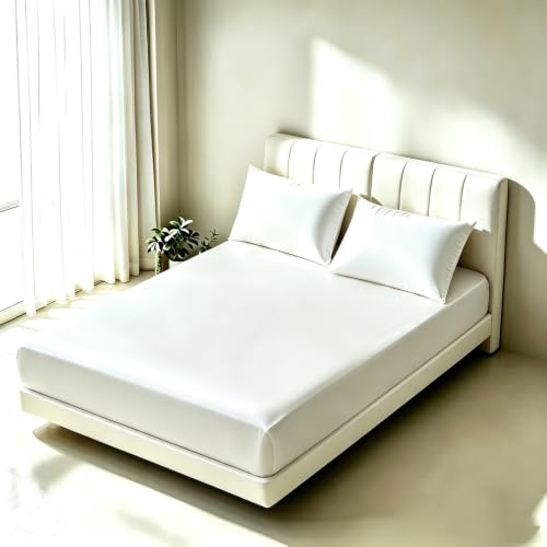 JUWENIN Luxury Silk Satin Deep 12 Skin Beauty Hair Health Face Care Hypoallergenic Fitted Sheet(Double,White)