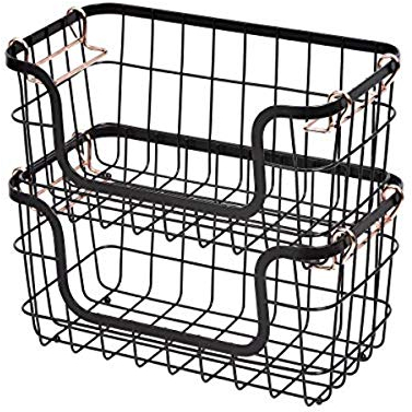 Amazon Basics Stackable Metal Storage Baskets for Kitchen or Bathroom, Rectangular, 2 Pack, 16.3 x 31 x 14.1 cm, Black