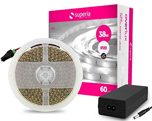 Superia KIT Striscia LED 5 Metri e alimentatore SMD2835 24V/38W Flessibile Protezione IP20 per uso Interno Colorazione Luce Naturale Alta Luminosità da 300 diodi led 60 led/Metro KACSTR40N 1 Pezzo