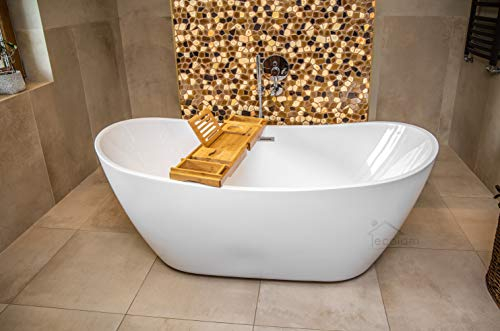 ECOLAM® exklusive freistehende Badewanne Standbadewanne moderne Wanne freistehend Clara 170x80 cm + Bambus Ablage + Ablaufgarnitur Click Clack Design Acryl glamour weiß