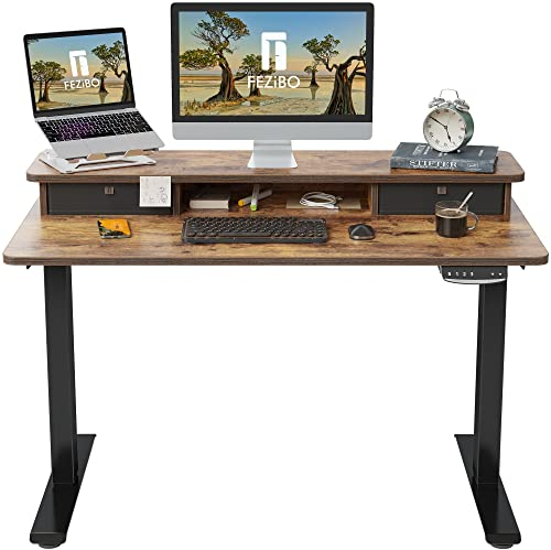 FEZIBO Höhenverstellbarer Elektrischer Stehtisch mit Doppelschublade, 120 x 60 cm Heimbüro Schreibtisch mit Ablagefach, Sitz-Steh-Schreibtisch Computerarbeitsplatz, Rustikal Braun Oberfläche