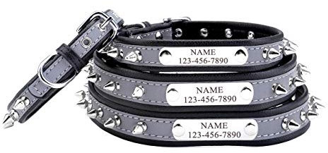 Filhome Personalisiertes reflektierendes Hundehalsband mit eingraviertem Namensschild, Hundehalsband aus Leder mit Nieten
