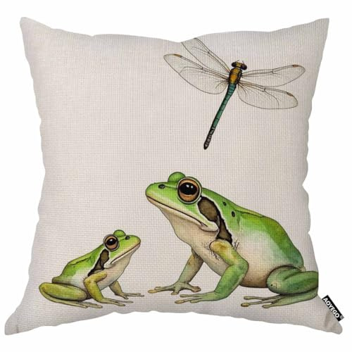 AOYEGO Frog and Dragonfly Throw Pillow Cover Watercolor Amphibian Bullfrog Predator Insect Fly Bug Wings Pillow Case 18x18 Inch Decorative Cotton Linen Square Cushion for Home Couch Bed