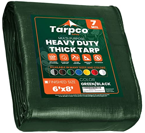 Tarpco Safety - Tarpaulin Waterproof Heavy Duty(130 g/m²|6′ X 8′ | 1.85m X 2.45m|Green/Black-7 Mil) UV Resistant, Tear Proof, Protective Poly Tarpaulin with Reinforced Edges for Multi-purpose usage