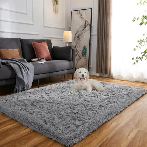 Evitany Flauschiger Teppich, Ultra Weiche Teppich Wohnzimmer, Waschbarer Teppiche, Hochflor Teppiche für Schlafzimmer, Graue Tepich für Esszimmer, Büro, Lounge (Grau, 160x230 cm)