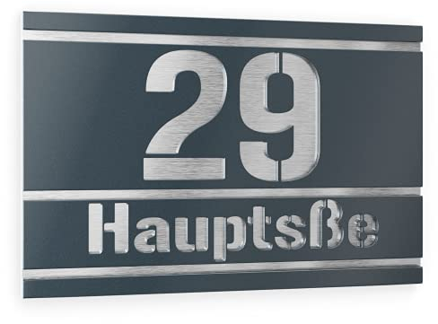 Graviers Design Hausnummernschild aus V2A Edelstahl 215x150mm - Anthrazit RAL 7016 - Wetterfest Rostfrei Individuell anpassbar nach eigener Nummer Straße - Made in Germany