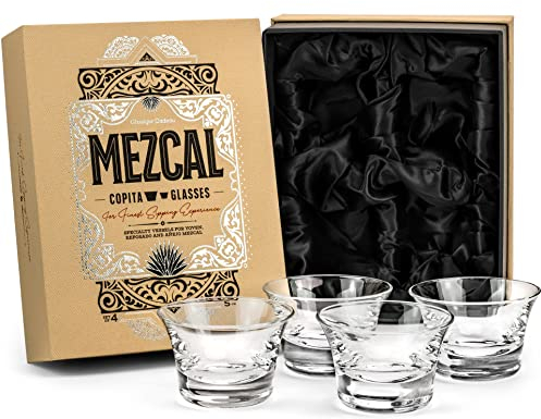 Mezcal and Spirits Set di 4 bicchieri da sorseggiare e bere con cristalli da 5 once Copitas per Joven, Reposado, Anejo Mezcals e Tequila | Sippers per liquori senza steli | Snifters per esaltare