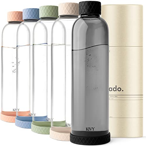 KIVY Glasflasche 1 Liter mit Silikonschutz [Äußerst Bruchsicher] Trinkflasche Glas 1l Kohlensäure geeignet - Wasserflasche Glas 1l - Glastrinkflasche - Glas Trinkflasche 1l - Trinkflasche Schwarz