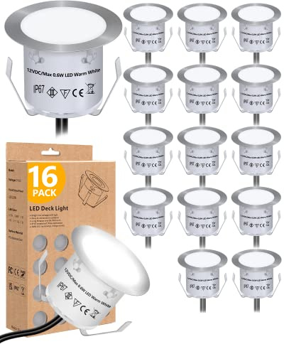 HIBOITEC Recessed LED Deck Light Kits(16 Pack) 12V Low Voltage Landscape Lighting IP67 Waterproof Outdoor Step Stair Lights Deck Lighting for Garden Steps Stair Patio Floor Decoration, White