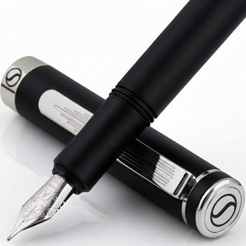 Scriveiner Luxus EDC Füllfederhalter (Mittel), Taschenfüller mattschwarz, verchromt, deutsche Schmidt Mine, Konverter, Schreibgeräte-Geschenkset für Mann und Frau, Designerstift fürs Büro
