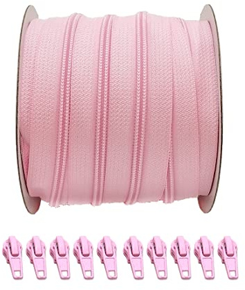 25 Mètres Rouleau de Fermeture Éclair Continue en Nylon + 10 Curseurs Automatiques en Métal 5#, pour coudre des vêtements, au mètre, rose 134, 25 mètres +10 C