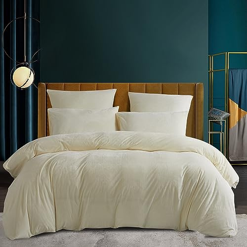 Housse de Couette Hiver 220x240 cm Blanc Beige Chaude Flanelle Toucher Cashmere Polaire Parure de Lit en Velours Doux avec Fermeture Éclair, Linge de Lit 2 Personnes avec 2 Taies d'oreiller 65x65 cm