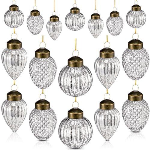 Deekin 24 Mini Thanksgiving Glass Fall Tree Ornaments Set Pumpkin Ornaments Assorted Ball Glass Pine Cone Hanging Decorations for Small Christmas Tree, Fall Decorations with Loop, 3 Styles(Silver)