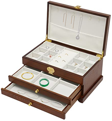 OUKANING 3 Schicht Schmuckkästchen Holz Schmuckschatulle Geschenke Schmuckbox Rechteckig Schmuckkoffer, Plüsch Futter, Anti-Rutsch Pads, Für Schmuck (Farbe : Dunkelbraun)