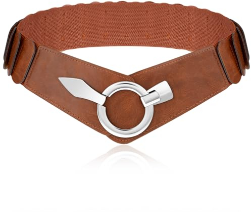 Andibro Damen Breiter Elastischer Taillengürtel,PU Leder Breiter Hüftgürtel Mode Vintage Stretchgürtel mit Silberner Ring-Schließe(Braun, L(90-120cm/35-47.2in))