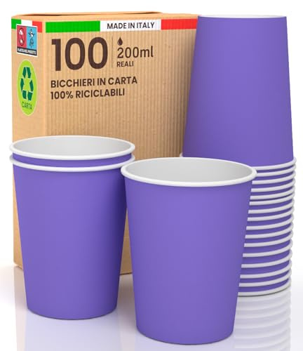 100 Becher aus Papier, 200 ml, umweltfreundlich, biologisch abbaubar, Einweg, Made in Italy, zum Mitnehmen, warme Getränke, Wasser, bunt lila, hergestellt und verpackt in Italien