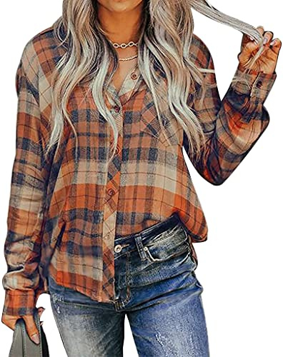 ORANDESIGNE Chemisier Carreaux Femme Blouses à Manches Longues Chemise Décontractée Classique Retro Blouse Shirt Casual Vintage Col Boutonné Chemisier Tops (Orange, XL)