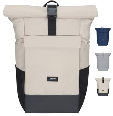 LARKSON Rucksack Damen & Herren Beige Grau - No 4 Large - Rolltop Backpack 21 L mit 16 Zoll Laptopfach Uni, Arbeit & Fahrrad - Großer Reiserucksack mit Trolley Strap