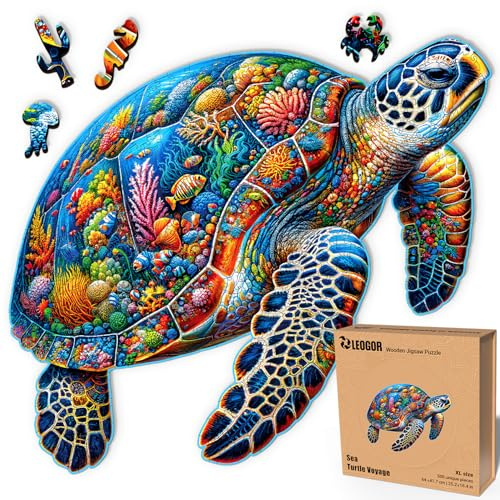 LEOGOR Meeresschildkröte Holzpuzzle für Erwachsene, 500 Teile 64 x 41,7 cm, Premium 5mm Dickes Holz, Buntes Ozean Korallenriff Design, Achtsames Geschenk, Kreatives Deko & Familienaktivität