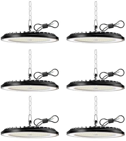 NFOIEIS 150W UFO LED High Bay Light, 22500LM 6000K IP65 Waterproof, 6 Pack | 22500LM LED Workshop Light — Die-cast aluminum Commercial Bay Lighting for Workshop, Warehouse, Garage, Factory, Supermarket