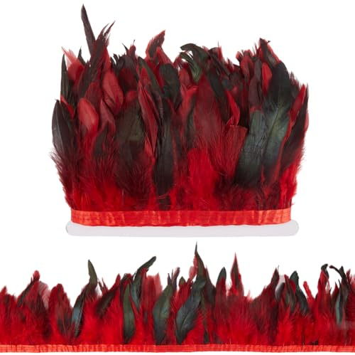 GORGECRAFT 5m Borde de Flecos de Plumas de Gallo Rojo 13-18cm Adorno de Plumas Naturales Decoración Cinta de Adorno de Plumas de Gallo para DIY Cosplay Disfraz Halloween Carnaval Chal Falda Accesorios