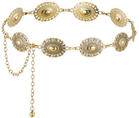 Kettengürtel Gold Damen Verstellbare Metall-Schnalle Langer Körperkette Western Cowgirl für Kleid