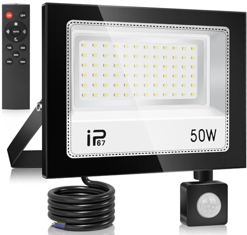 50W Fernsteuerung LED Strahler mit Bewegungsmelder Außen，Superhell 5000LM LED Scheinwerfer，7000K Kaltweiß Scheinwerfer， IP67 Wasserdichte Außenstrahler，für Hinterhof,Innenhöfe,Auffahrt,Garage