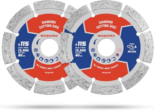 WORKPRO 115mm Diamond Cutting Discs (4.5) 2-Pack Segmented Blades for Angle Grinder - Concrete, Stone, Masonry, Tile - OSA Safety Certified