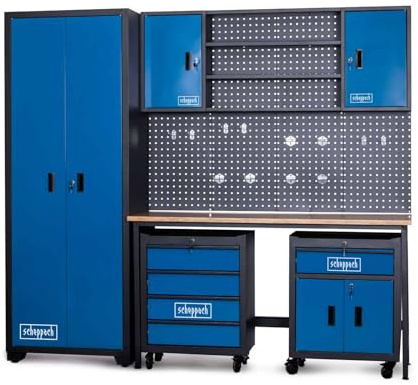 Scheppach Sistema modulare per officina GWS08 - armadio per attrezzi, armadi con serratura, alto, forata, 12 ganci, banco, 2 carrelli