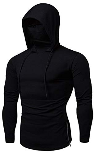YOSUWOAI Men's Ninja Hoodie Protection Neck Gaiter Hooded Shirt with Thumb Hole Solid Casual Sweatshirt with Mask Windproof Outdoor Tops Running Sports Hoodie Fitness Biker Top, O Black, 3XL