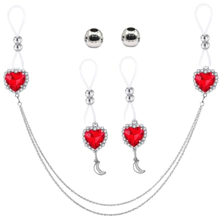Ensemble d'anneaux de téton en forme de cœur en oxyde de zirconium pour femme - En forme de cœur - Sans piercing - Faux téton - Chaînes de corps réglables - Bijoux de corps pour femme, taille unique,