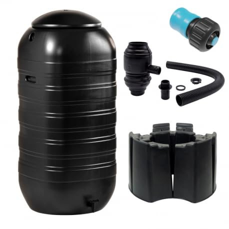 Set Récupérateur d’Eau 250L avec Pied, connecteur de gouttière et raccord Rapide (Noir)