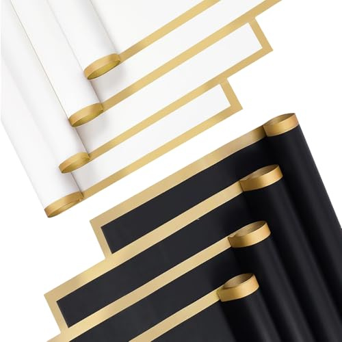 Blumenpapier, Blumenstrauß Papier Verpackung mit Goldrand TUIOLUI 14 Stück 58x58 cm Minimalistisches Blumen Geschenkpapier Wasserdicht Papierblumen Flower Bouquet Wrapping Paper - Weiß und Schwarz