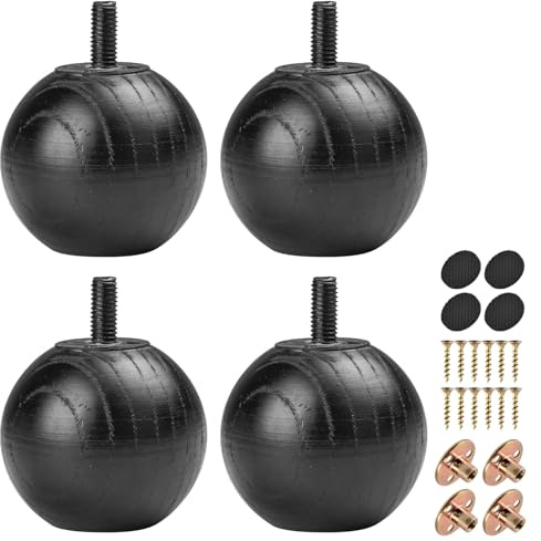 La Vane 5cm Eschenholz Kugelfüße Modern Runde Möbelfüße 4 Stück, Schwarz | Massiv-Esche, gerade Maserung, langlebig & leicht. M8 Montageplatte inkl. Für Sofa, Bett, Schrank, Tisch. DIY-Möbel-Upgrade