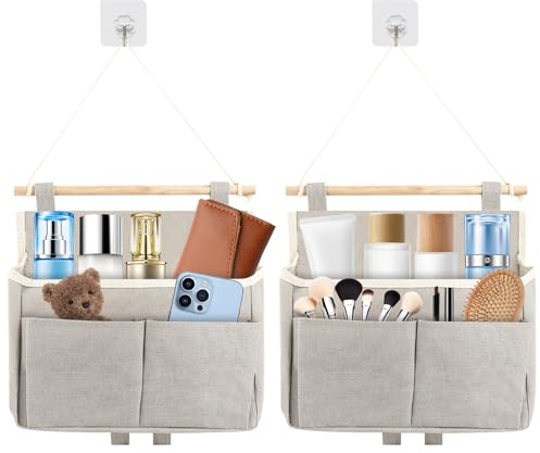 2 Stück Wand Hängeorganizer, Hohe Kapazität Leinen Hängende Aufbewahrungstasche Zusammenbaubar Faltbares Wandorganizer mit 3 Fächer & 2-Haken für Zuhause Büro Schlafsaal Geschäft Wohnmobil (Grau)