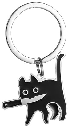HLMYER Porte-clés chat noir mignon, portable, petit porte-clés drôle, porte-clés unisexe en acier titane, porte-clés chat simple, chat avec un couteau dans la bouche, porte-clés pour amis, amoureux,